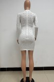 White Casual Solid Patchwork Beading O Neck Long Sleeve Dresses