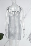 Grey Sexy Solid Patchwork See-through Backless Spaghetti Strap One Step Skirt Dresses