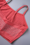 Red Sexy Patchwork Hot Drilling Backless Spaghetti Strap Sleeveless Two Pieces
