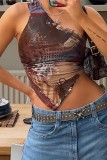 Brown Casual Print Backless Asymmetrical Oblique Collar Tops