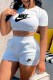 White Casual Print Backless Letter O Neck Short Sleeve Two Pieces