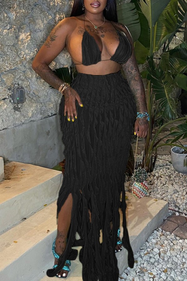 Black Sexy Solid Tassel Bandage Backless Halter Sleeveless Two Pieces