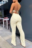 Apricot Sexy Solid Bandage Backless Halter Skinny Jumpsuits
