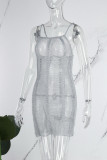 Grey Sexy Solid Patchwork See-through Backless Spaghetti Strap One Step Skirt Dresses