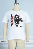 White Daily Vintage Print Patchwork O Neck T-Shirts