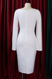 White Elegant Solid Patchwork Beading O Neck Evening Dress Dresses