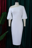 White Casual Elegant Solid Patchwork Fold Asymmetrical Collar One Step Skirt Dresses