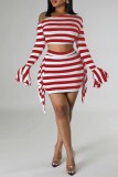 Red Casual Striped Print Patchwork Oblique Collar Long Sleeve Two Pieces