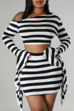 Red Casual Striped Print Patchwork Oblique Collar Long Sleeve Two Pieces