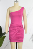 Rose Red Sexy Solid Patchwork Backless Fold Oblique Collar One Step Skirt Dresses