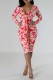 Red Casual Print Patchwork V Neck Long Sleeve Dresses