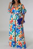 Multicolor Casual Print Patchwork V Neck Regular Jumpsuits