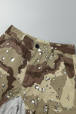 Camouflage Street Camouflage Print Patchwork Pocket Contrast Regular Mid Waist Straight Full Print Bottoms