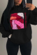 Black Street Daily Character Print Draw String Hooded Collar Tops