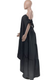 Black Casual Solid Patchwork Asymmetrical Off the Shoulder Straight Dresses
