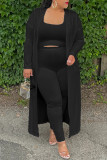 Black Casual Solid Basic U Neck Plus Size Three Piece Set