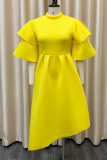 Yellow Casual Elegant Solid Patchwork Flounce Half A Turtleneck Evening Dress Dresses