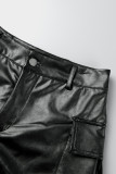 Black Street Solid Patchwork Pocket Metal Accessories Decoration Skinny High Waist Straight Solid Color Bottoms