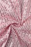 Pink Sexy Formal Patchwork Hollowed Out Sequins Frenulum Slit Oblique Collar Evening Dress Dresses