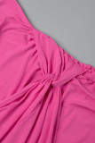 Rose Red Sexy Solid Patchwork Backless Fold Oblique Collar One Step Skirt Dresses