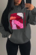 Dark Gray Street Daily Character Print Draw String Hooded Collar Tops