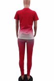 Red Casual Gradual Change Print Letter O Neck Short Sleeve Two Pieces