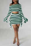 Red Casual Striped Print Patchwork Oblique Collar Long Sleeve Two Pieces