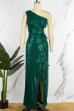 Pink Sexy Formal Patchwork Hollowed Out Sequins Frenulum Slit Oblique Collar Evening Dress Dresses