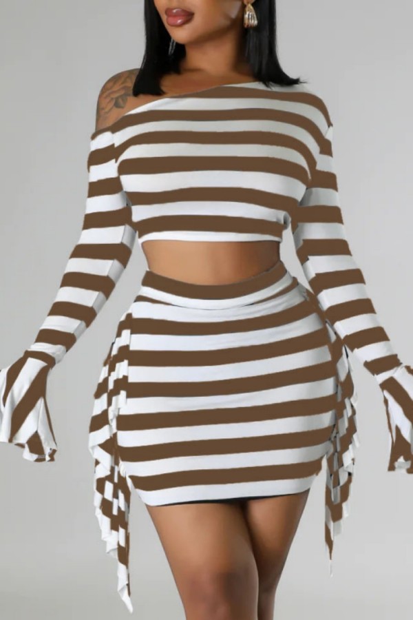 Khaki Casual Striped Print Patchwork Oblique Collar Long Sleeve Two Pieces