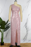 Pink Sexy Formal Patchwork Hollowed Out Sequins Frenulum Slit Oblique Collar Evening Dress Dresses