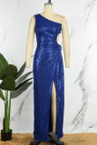Pink Sexy Formal Patchwork Hollowed Out Sequins Frenulum Slit Oblique Collar Evening Dress Dresses