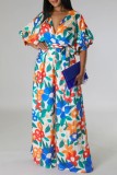 Multicolor Casual Print Patchwork V Neck Regular Jumpsuits