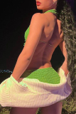 Blue Sexy Solid Hollowed Out Backless Half A Turtleneck Sleeveless Two Pieces