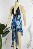 Blue Sexy Print Patchwork Frenulum Backless Halter Irregular Dress Dresses