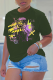Army Green Street Daily Print Patchwork O Neck T-Shirts