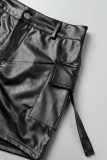 Black Street Solid Patchwork Pocket Metal Accessories Decoration Skinny High Waist Straight Solid Color Bottoms