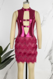 Rose Red Sexy Solid Hollowed Out Patchwork Half A Turtleneck Sleeveless Dress Dresses