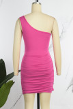 Rose Red Sexy Solid Patchwork Backless Fold Oblique Collar One Step Skirt Dresses