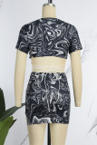 Blue Print Bandage Patchwork Slit O Neck Short Sleeve Two Pieces