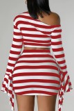 Red Casual Striped Print Patchwork Oblique Collar Long Sleeve Two Pieces