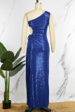 Pink Sexy Formal Patchwork Hollowed Out Sequins Frenulum Slit Oblique Collar Evening Dress Dresses