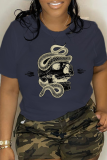 Dark Gray Casual Daily Print Skull Patchwork O Neck T-Shirts