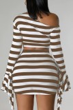 Red Casual Striped Print Patchwork Oblique Collar Long Sleeve Two Pieces