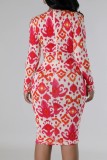 Red Casual Print Patchwork V Neck Long Sleeve Dresses