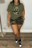 Army Green Casual Daily Print Skull Patchwork O Neck T-Shirts