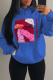Royal Blue Street Daily Character Print Draw String Hooded Collar Tops