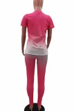 Pink Casual Gradual Change Print Letter O Neck Short Sleeve Two Pieces