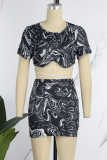 Blue Print Bandage Patchwork Slit O Neck Short Sleeve Two Pieces