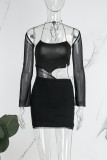 Black Sexy Solid Hollowed Out Spaghetti Strap Long Sleeve Dresses