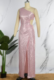 Pink Sexy Formal Patchwork Hollowed Out Sequins Frenulum Slit Oblique Collar Evening Dress Dresses